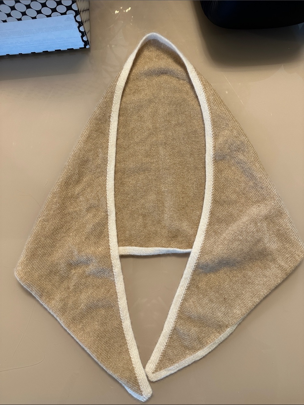 Johnstons of Elgin cashmere triangle scarf tan with cream corner